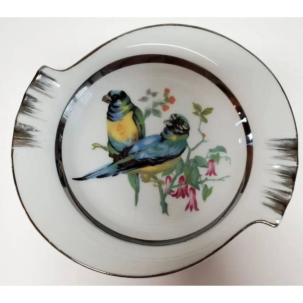 Norleans Ashtray Parrot Bird Japan Hand Paint Dish Ring Hold Porcelain Bl/Grn/Yl
